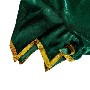 Gros plan détaillé du costume de Noël en velours vert avec une bordure dorée fine.