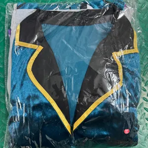Blue velvet magician costume jacket detail, gold trim ringmaster stage performance outfit XL.