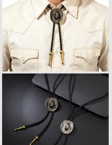 Detailed view of vintage cowboy hat bolo tie with wheat engraving in bronze and silver.