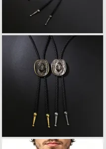 Close-up view of vintage cowboy hat bolo tie pendants in silver and antique gold finish.