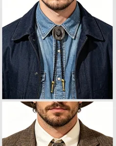 Close-up of vintage bronze bolo tie with cowboy hat pendant worn on denim shirt