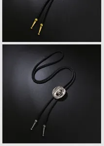 Close-up detail of a vintage cowboy hat bolo tie with black braided cord and tips