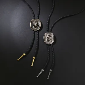 Men's Vintage Cowboy Hat Bolo Tie Retro Leather Rope Necklace Antique Metal Pendant Western Necktie Jewelry Gift