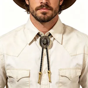 Vintage western cowboy bolo tie necklace with hat-shaped clasp and braided cord