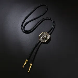 Retro western cowboy hat bolo tie for men featuring a black braided leather cord.