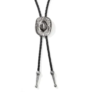 Vintage cowboy hat bolo tie with black braided cord and silver metal slide accent.