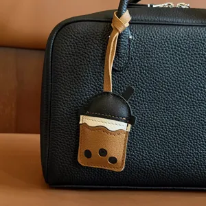Cute bubble tea cup shaped PU leather bag charm and keychain accessory for women
