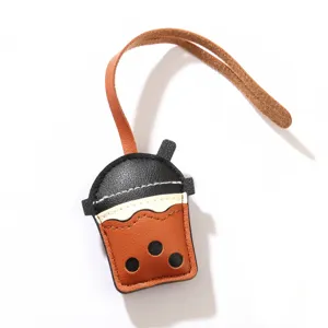 Cute PU leather boba milk tea cup keychain and bag charm for women's accessories