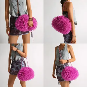 Four views of a magenta fluffy faux fur cloud bag held by a stylish model in denim vest