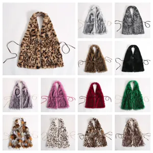 Multiple colors of Mongolian faux fur halter tops with cross charm and backless design