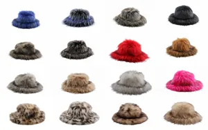 Detaillierte Ansicht mit 16 Farbvarianten von Kunstpelz-Fischerhüten für den Winter