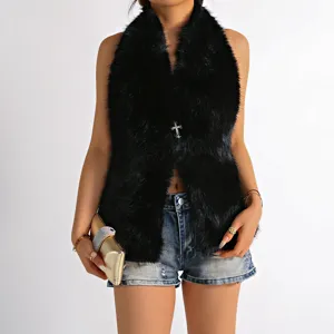 Detailed view of sexy black faux fur halter top featuring a unique silver cross buckle