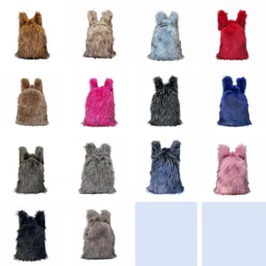 Collage of Y2K fashion faux raccoon fur backpacks available in multiple vibrant colors
