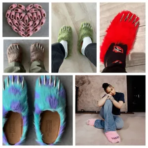 Collection of multi-colored faux fur claw slippers with realistic metallic nail details