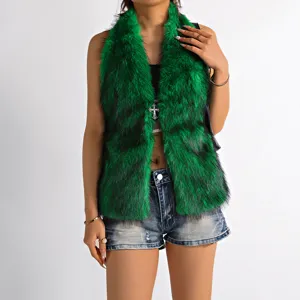 Front view of a green faux fur halter vest featuring a decorative silver cross pendant