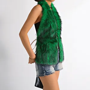 Side view detail of a vibrant green Mongolian faux fur halter top with lush texture.