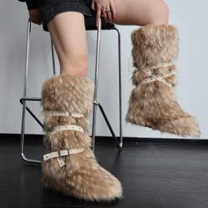 Detailed view of stylish Y2K faux fur snow boots featuring white studded buckle straps