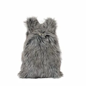 Close-up detail view of fluffy gray faux raccoon fur backpack in Y2K fashion style.