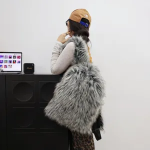 Fashionable faux raccoon fur backpack in Y2K streetwear style for men and women