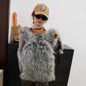 Lifestyle shot of model wearing a large grey shaggy faux raccoon fur backpack in Y2K style