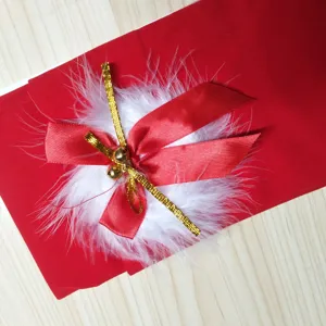 Vista dettagliata delle calze di Natale rosse con piuma bianca e raffinato fiocco rosso.