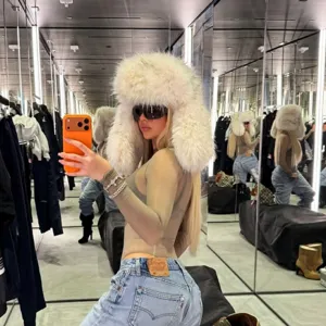 Exaggerated Y2K style white faux fur oversized plush ski hat for stylish winter fashion look