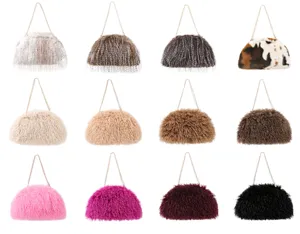 Display of colorful faux fur cloud clutch bags with elegant chain straps for women.