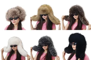 Collage of plush faux raccoon fur ushanka hats in various colors for Y2K style.