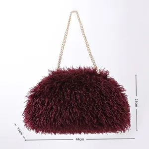 Burgundy plush faux fur cloud bag with gold chain strap and size dimensions