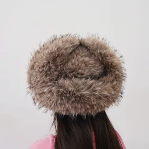 Back view of fluffy faux raccoon fur trapper hat in Y2K style with brown plush texture