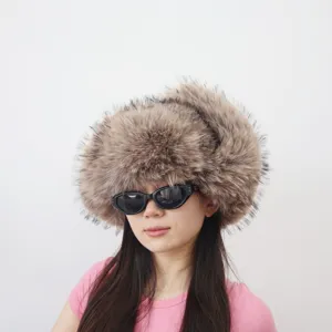 Detailed view of the plush faux raccoon fur trapper hat featuring a trendy Y2K aesthetic