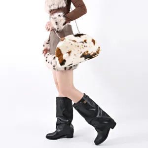 Large fluffy cloud bag with trendy cow print faux fur and elegant chain strap for women