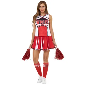 Red white cheerleader costume top detail view, WMHS letter print, sleeveless crop dance top.