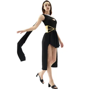 Detail shot of Greek goddess costume feature, elegant black dress and gold waist accent.