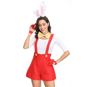 Close-up details of the sexy bunny costume featuring red suspenders and cute rabbit ears.