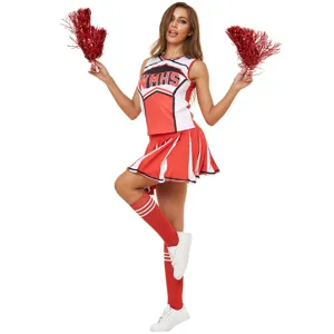 Women's Sexy Cheerleader Uniform Set WMHS Glee Cosplay Costume Red Blue Contrast Letter Printed Top Pleated Mini Skirt Dance Party Outfit