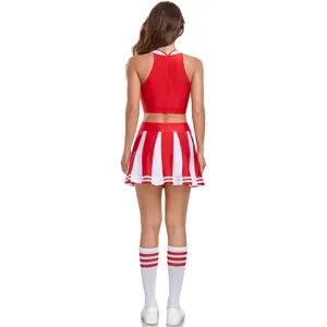 Detailed back view of the red and white cheerleading crop top and pleated skirt costume.