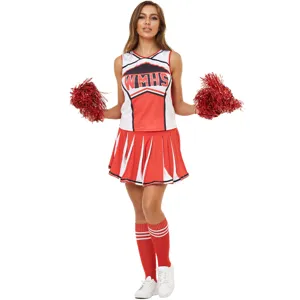 Sexy cheerleading costume set including red white top skirt socks and pom poms S-XL