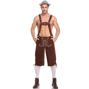 Men's traditional Oktoberfest lederhosen costume detail view with classic embroidery and suspenders.