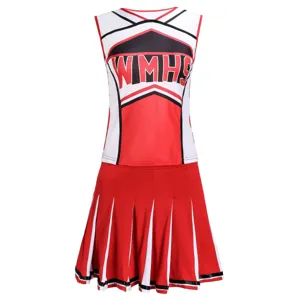 Red and white cheerleading top and pleated skirt set detail view, athletic costume design.