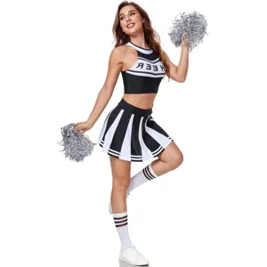 Sexy black and white cheerleader costume set with crop top, skirt and pom poms.