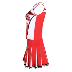 Red and white cheerleader costume set with sleeveless top and pleated mini skirt