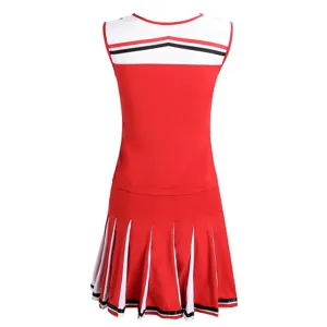 Red white cheerleading uniform back view detail, sleeveless top and pleated skirt costume.