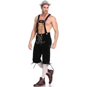 German Oktoberfest men traditional lederhosen costume detail view with shorts and accessories
