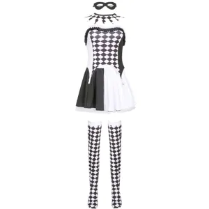 Black and white harlequin costume set with dress mask choker and stockings for party.