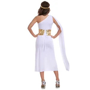 Detail view of the medieval Greek goddess cosplay costume featuring back design and gold corset.