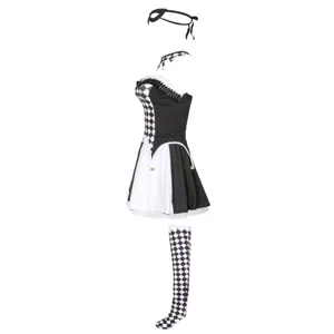 Detailed view of the black and white checkered harlequin costume set showing fine craftsmanship.
