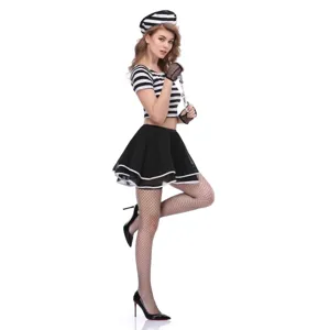 Costume prigioniera sexy donna crop top rigato nero bianco con gonna per festa Halloween.