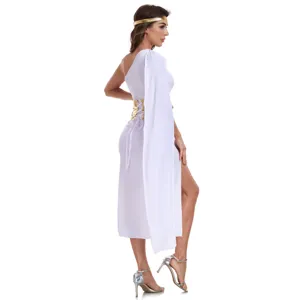 Detailed side view of white Greek goddess Athena costume featuring gold belt and high slit design.