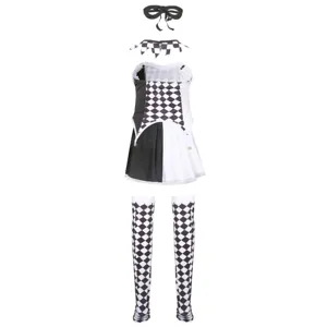 Close-up detail of black and white harlequin jester costume set, accessories view.